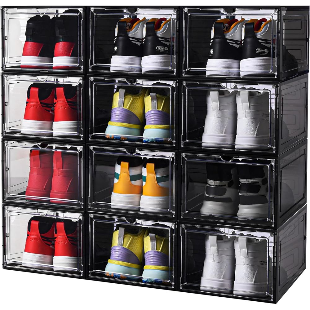 Sneaker Case - Stackable Black Shoe Storage Boxes, 12-Pack